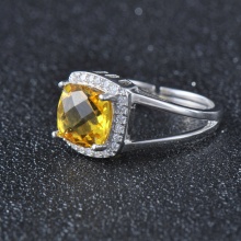 纯银天然黄水晶戒指女时尚925银镀金韩版个性方宽指环指圈开口