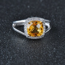 纯银天然黄水晶戒指女时尚925银镀金韩版个性方宽指环指圈开口