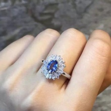 天然蓝宝石坦桑尼亚坦桑石戒指 指环925纯银女士 彩宝戒指