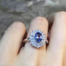 天然蓝宝石坦桑尼亚坦桑石戒指 指环925纯银女士 彩宝戒指