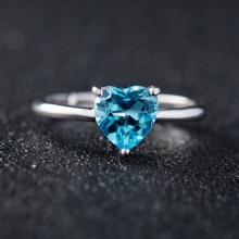 天然托帕石戒指女925银瑞士蓝心形情人节礼物送女友开口