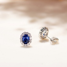 18k白金蓝宝石钻石耳环 天然蓝宝石耳钉 1.2克拉蓝宝石