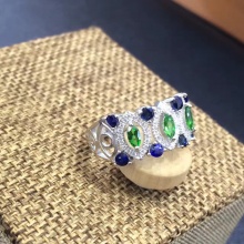 银镶天然宝石蓝宝石沙弗莱戒指925纯银围锆石指环镶嵌定制
